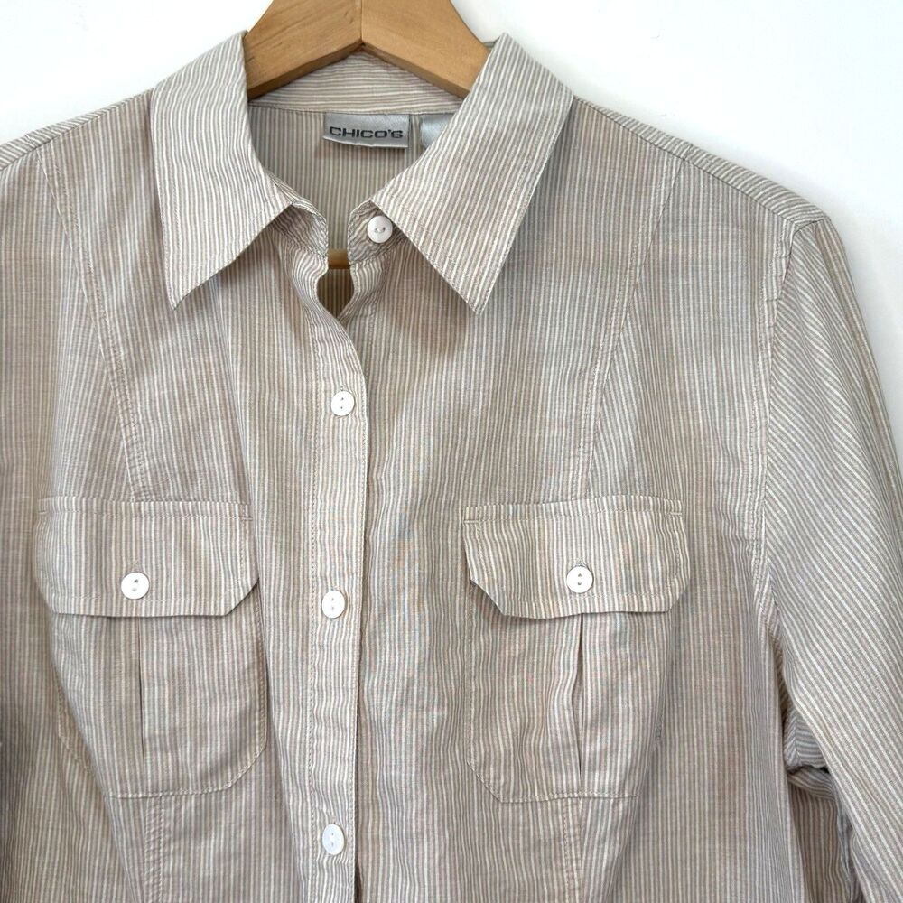 Chico's Women's Cotton Beige Striped Long Sleeve Utility Button-Up Shirt Size 2
